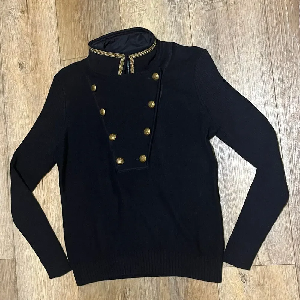 VTG LRL Lauren Jeans Womens L P Military Goldcrest Button Sweater Black Nautical - Picture 3 of 7